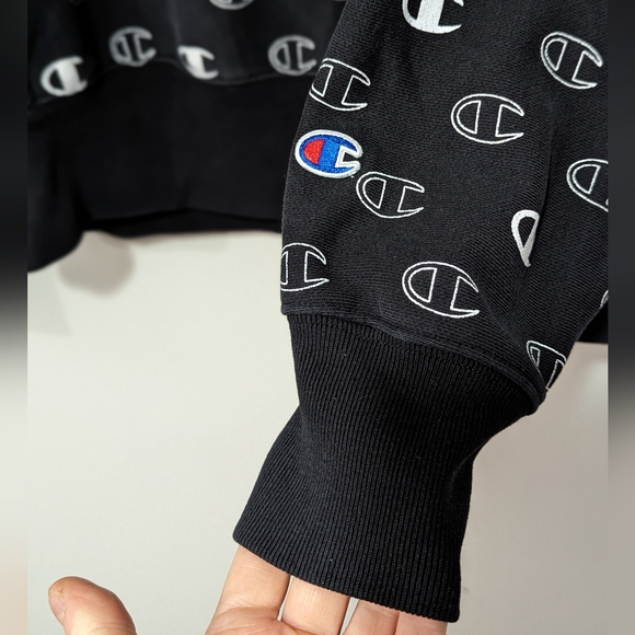 Champion Sweatshirt Men's Size Medium Crew Black White All Over Logo - Picture 3 of 8